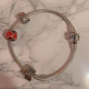 Pandora silver bracelet with 3 unique charms